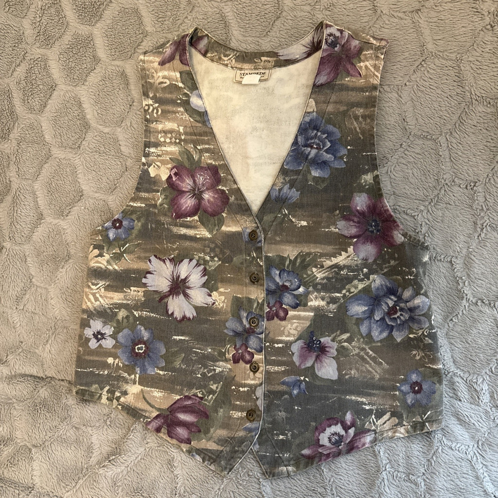 Stampede Vintage 90s Denim Floral Vest, Cottagecore Grandmacore Large